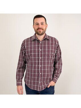 James Tattersall Mens Shirt Red Blue Check Long Sleeve Cotton Size XL (17-17.5)